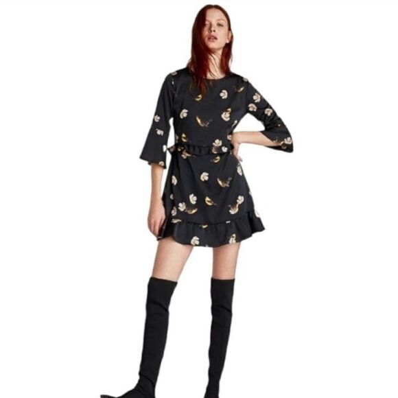 Zara Black & Yellow Floral & Bird Print Ruffled Mini Dress - Picture 1 of 7